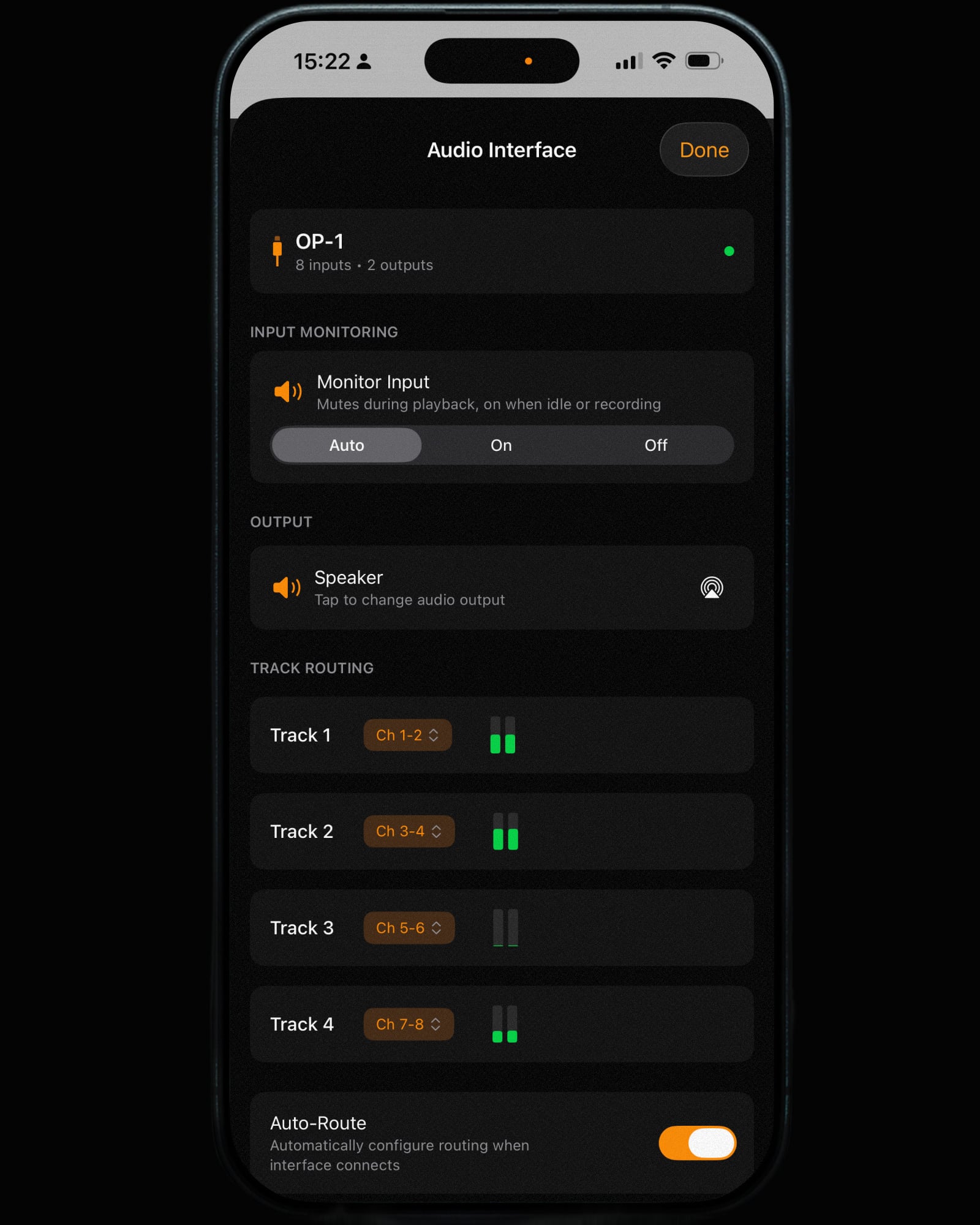 Reel's pro audio interface routing screen with channel-to-track assignments