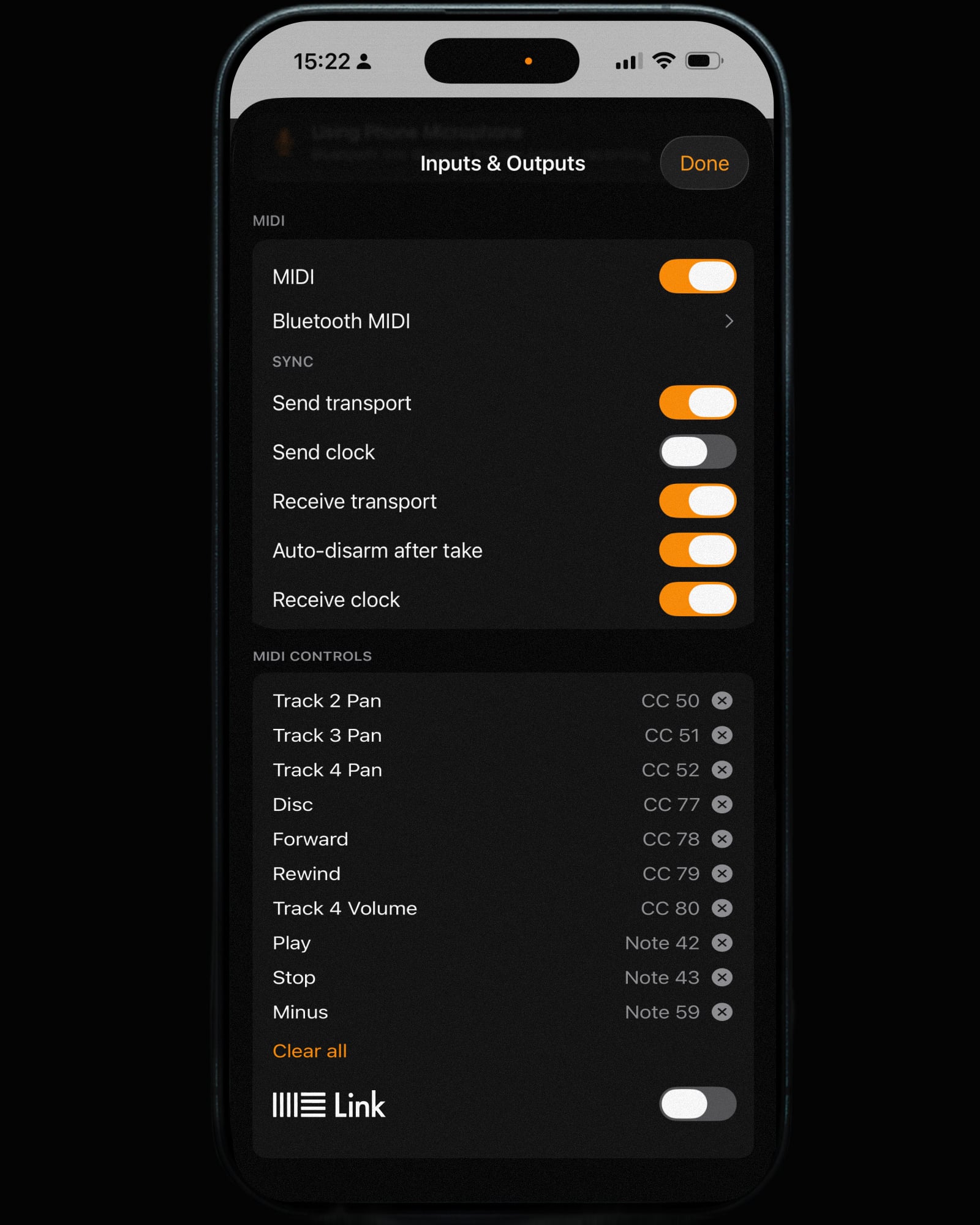 Reel's MIDI sync and Ableton Link settings on iPhone