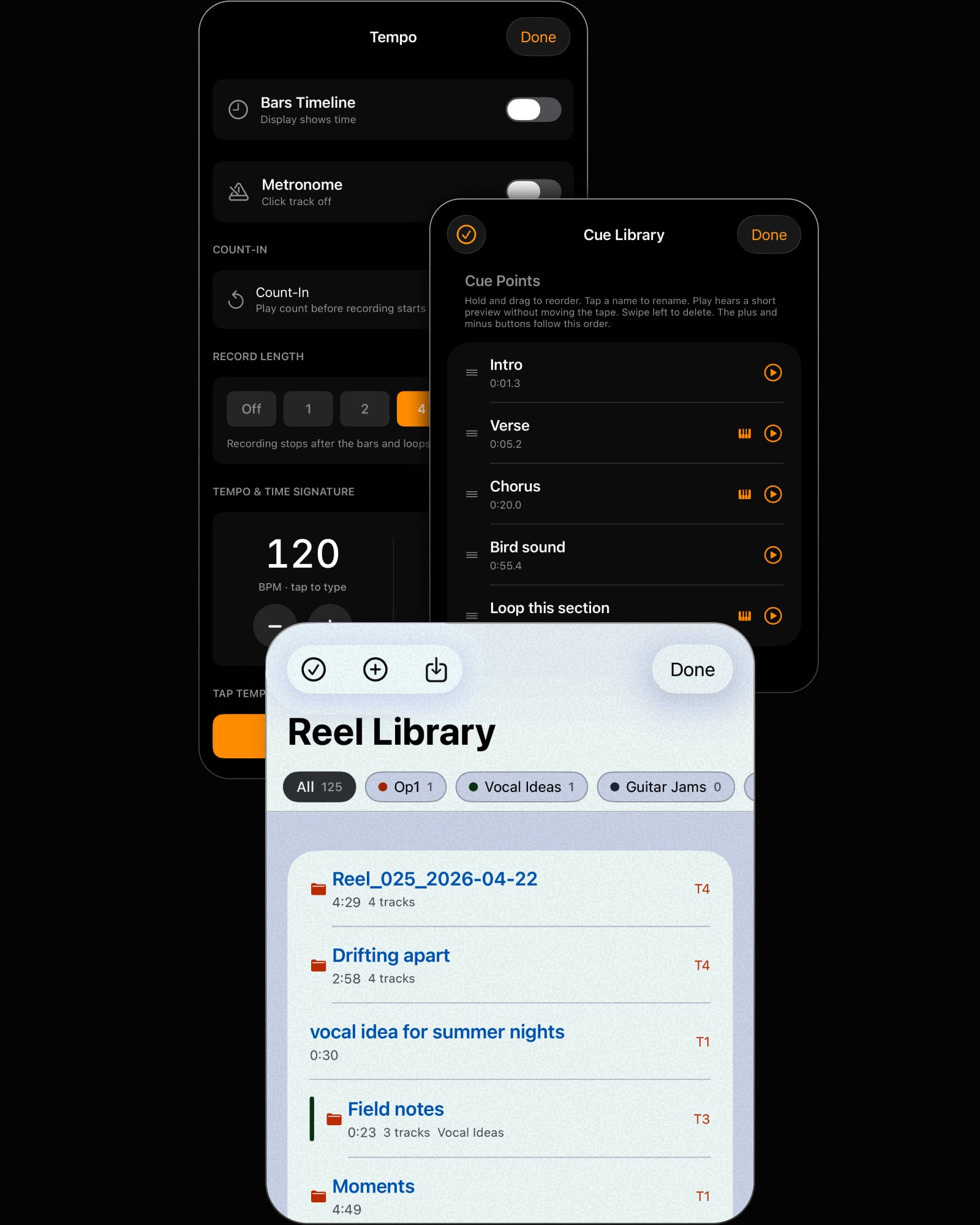 Reel's tempo, cue library, and recording library views shown together