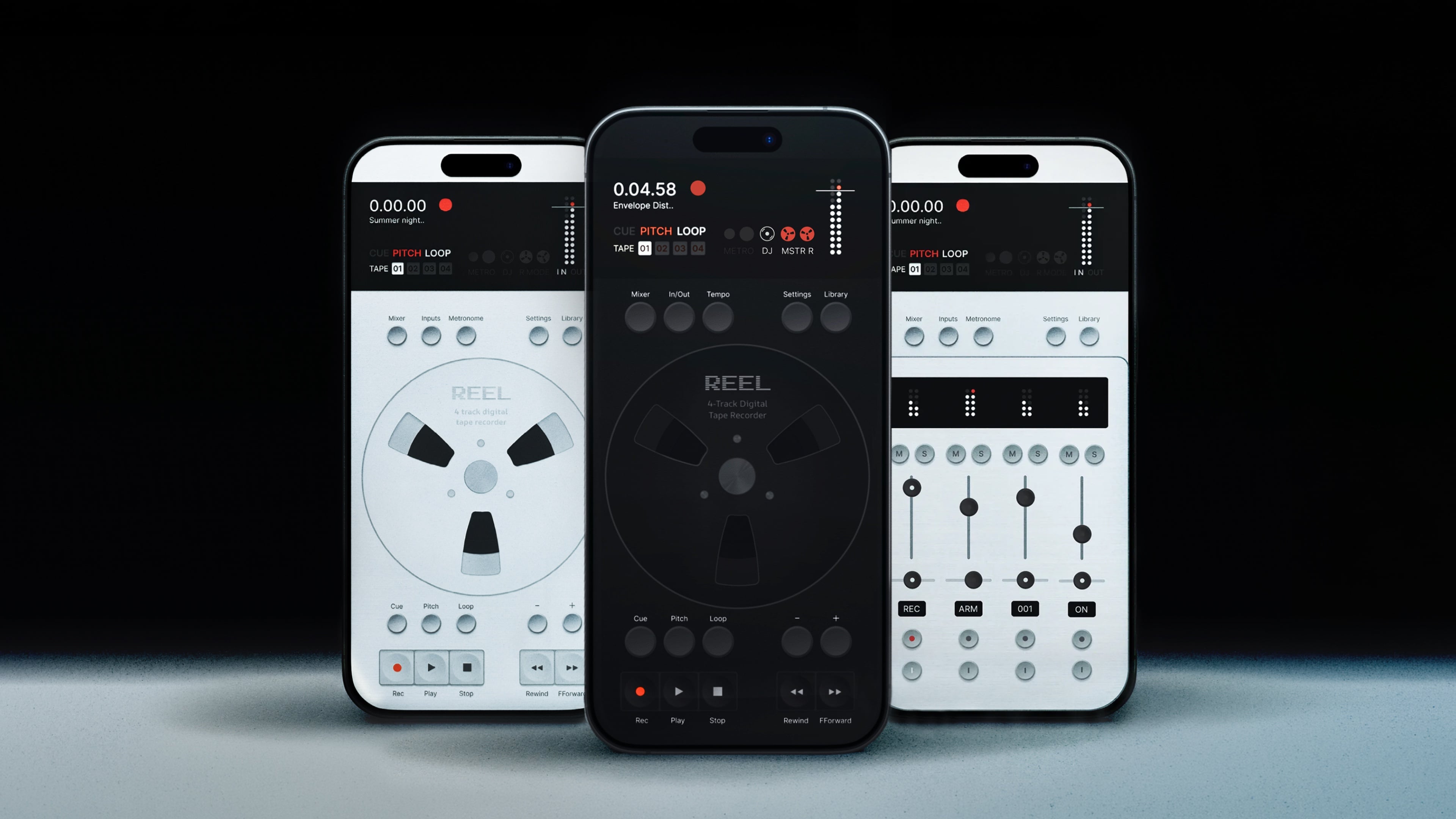 Three iPhones running Reel 1.5: the recorder, dark mode with Master Record, and the new mixer