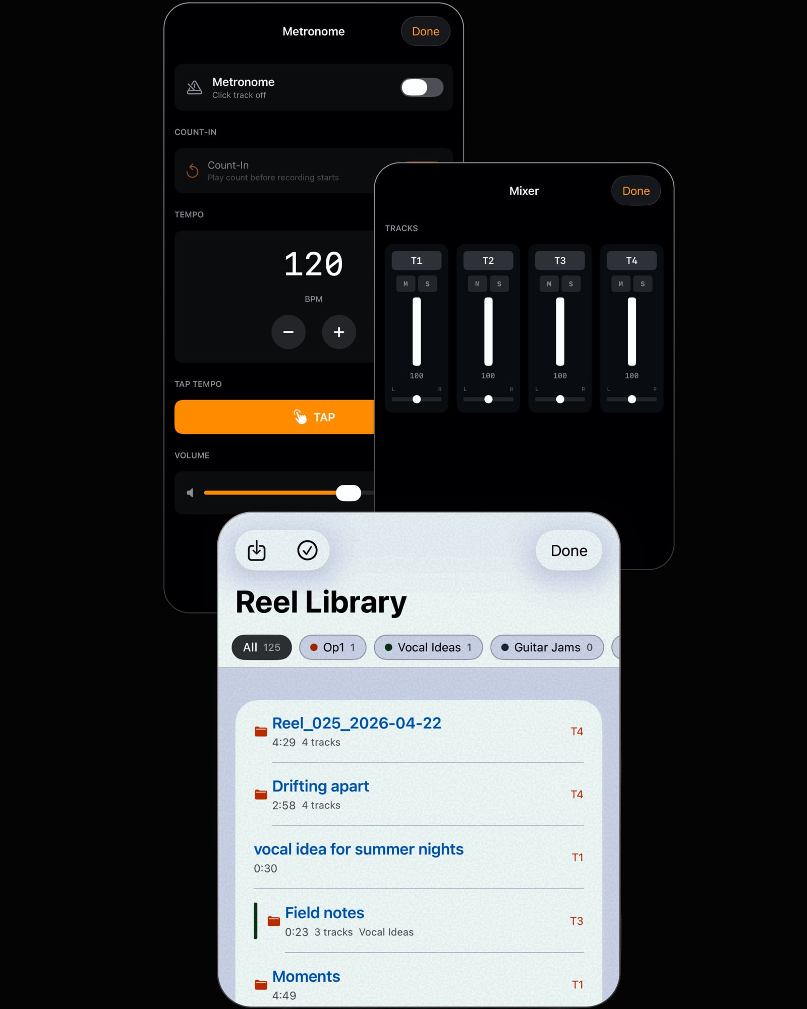 Reel's mixer, metronome, and library views shown together