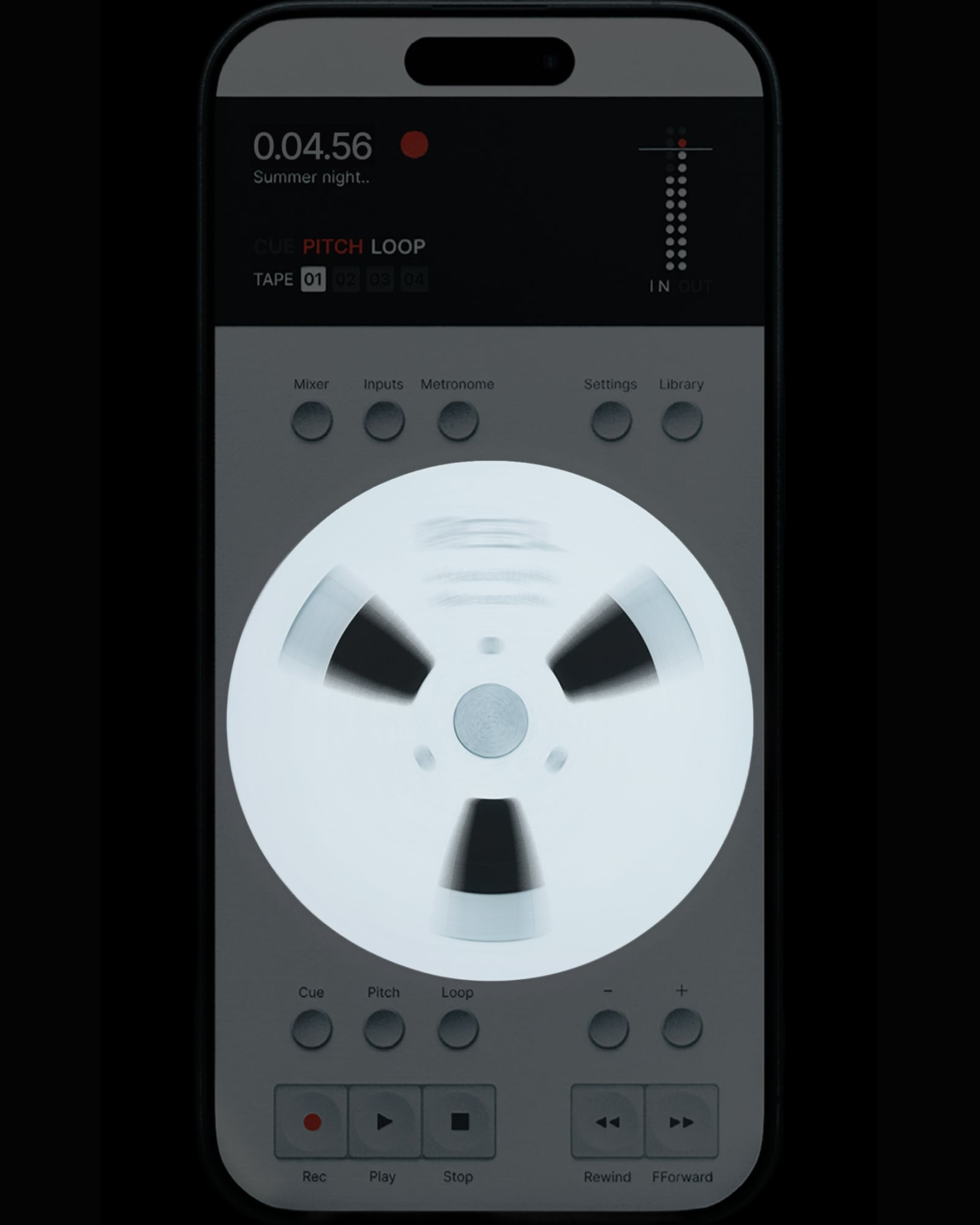 Close-up of Reel's tape-style jog wheel for tactile audio scrubbing